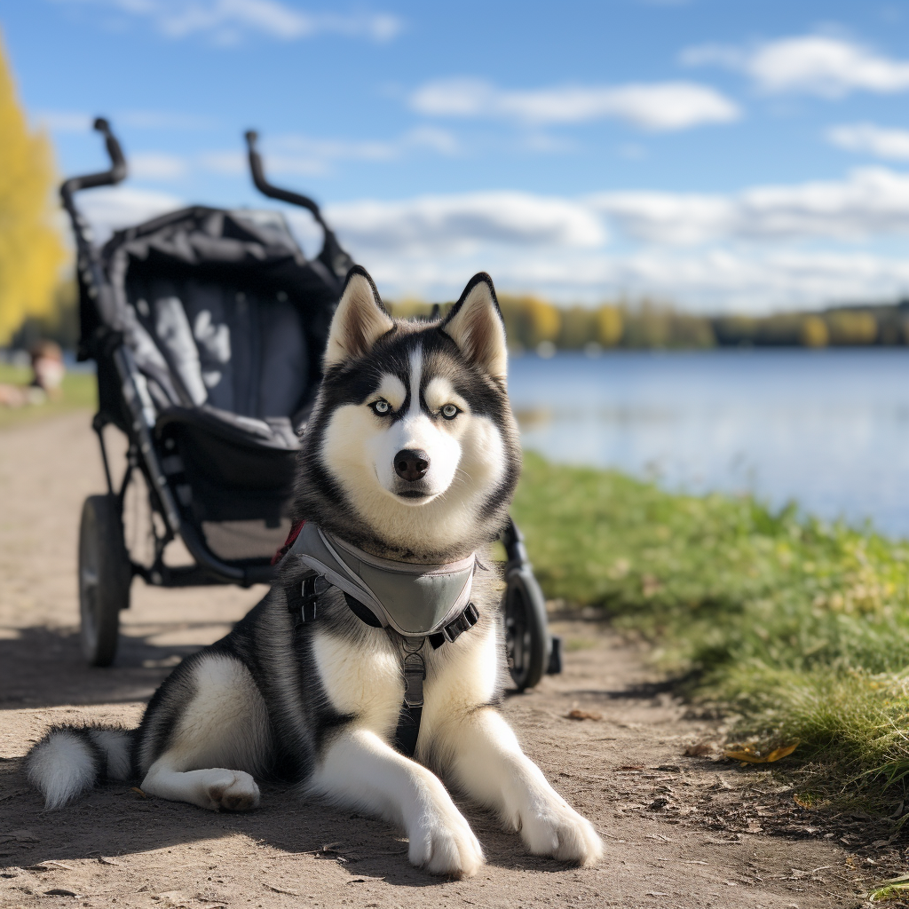 Huskie outdoor at the park with a baby stroller