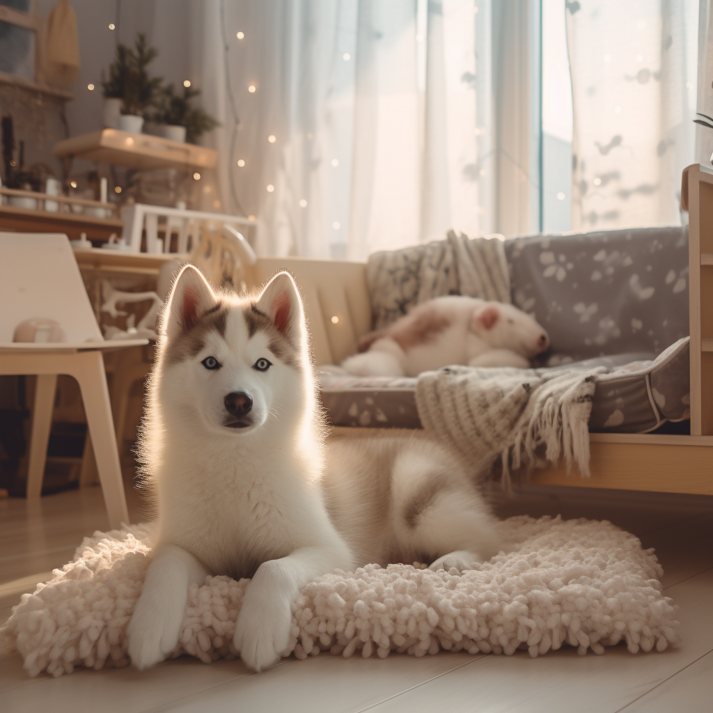 are huskies good with babies? white husky in a baby nursery.