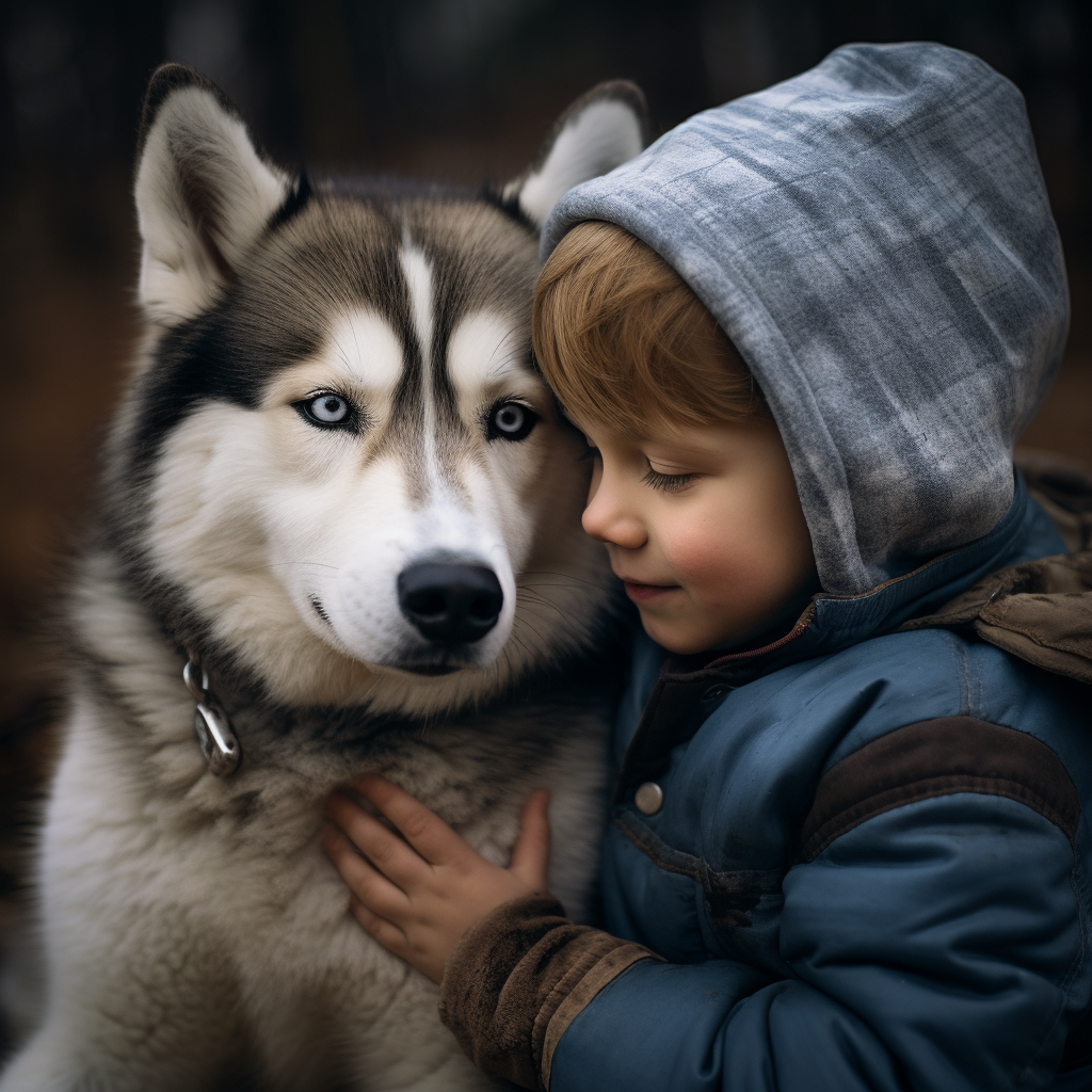 a boy with a husky cuddling