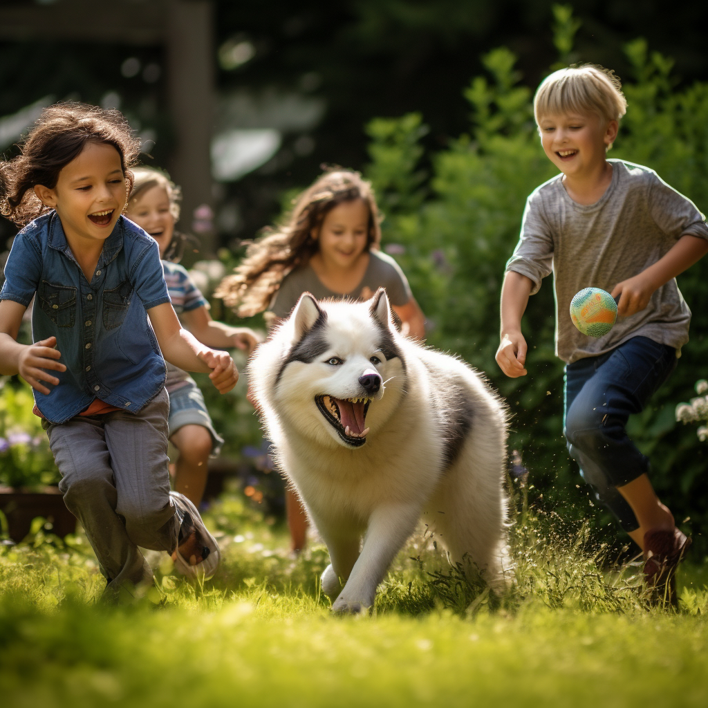 are huskies good with children? Here playing with 3 beautiful, happy kids