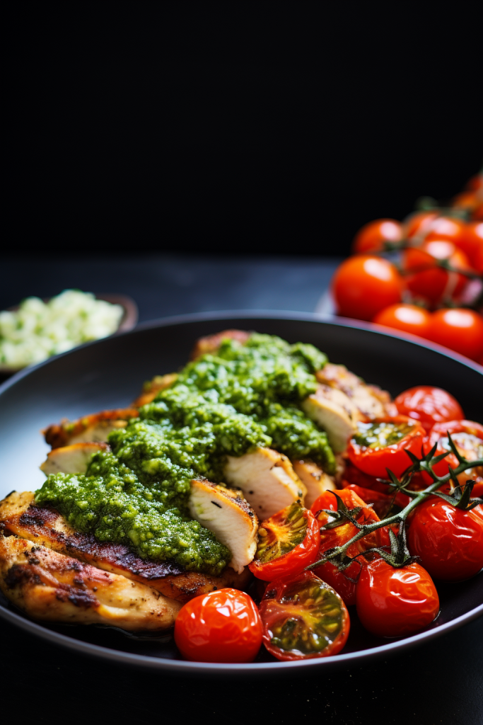clean keto dinner ideas - chicken, tomatoes and pesto