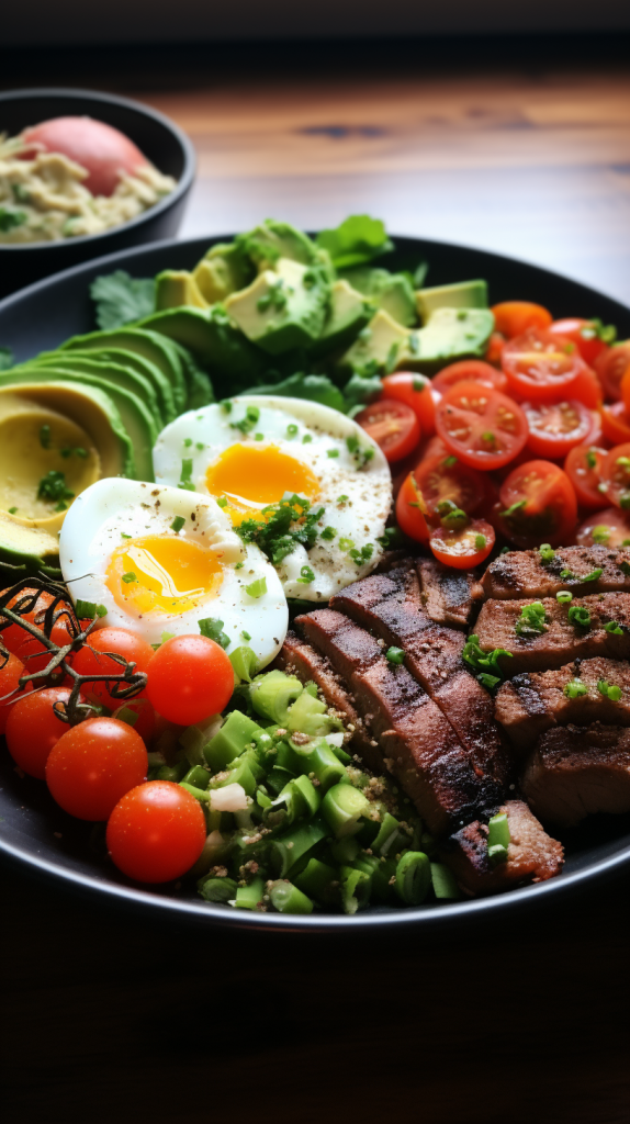 steak, avocados, cherry tomatoes and boiled eggs - clean keto dinner ideas 