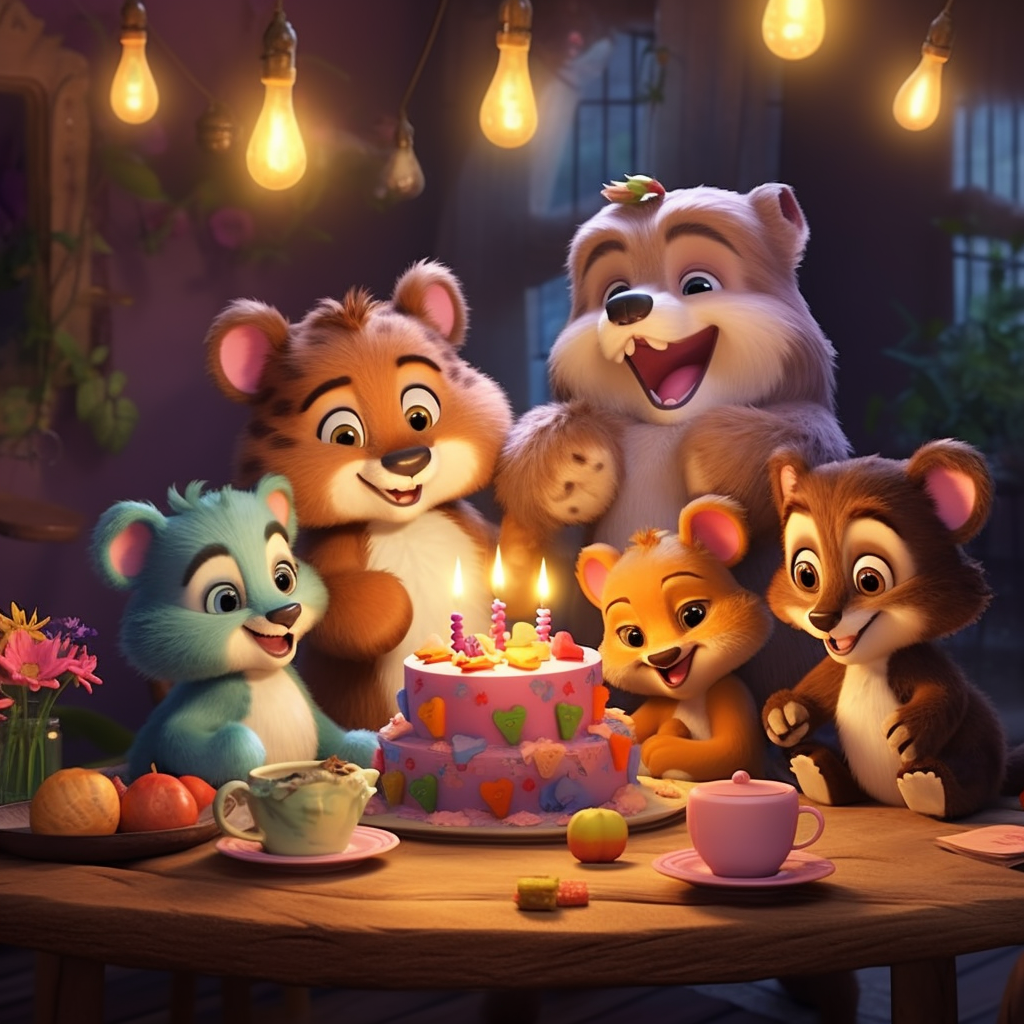 cute cartoon characters celebrating a birthday