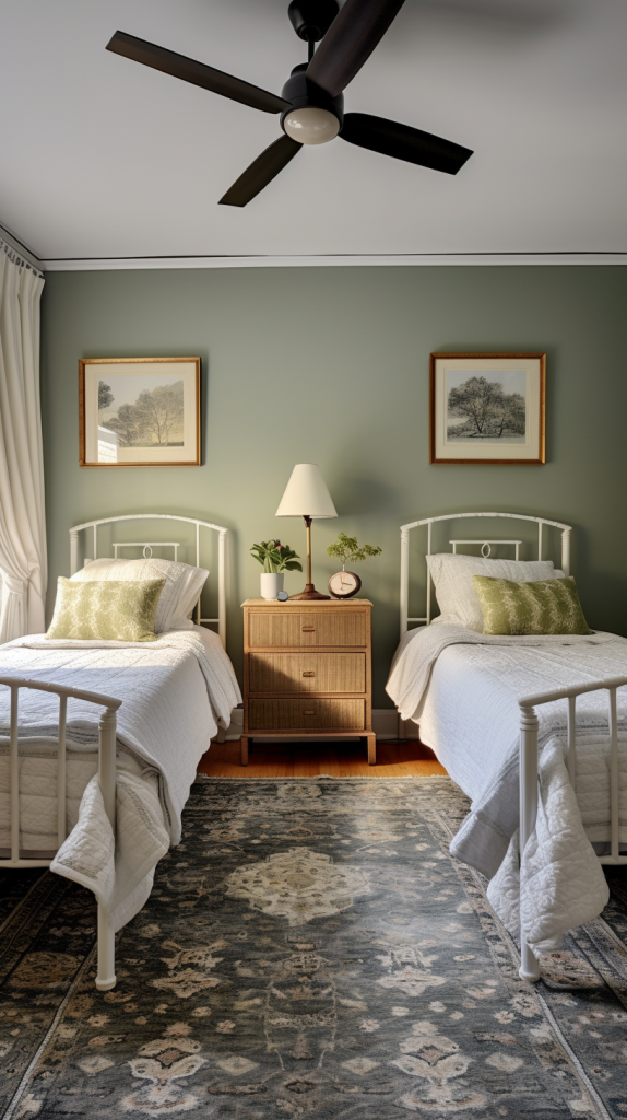 twin beds in a little boys bedroom with silk rugs 