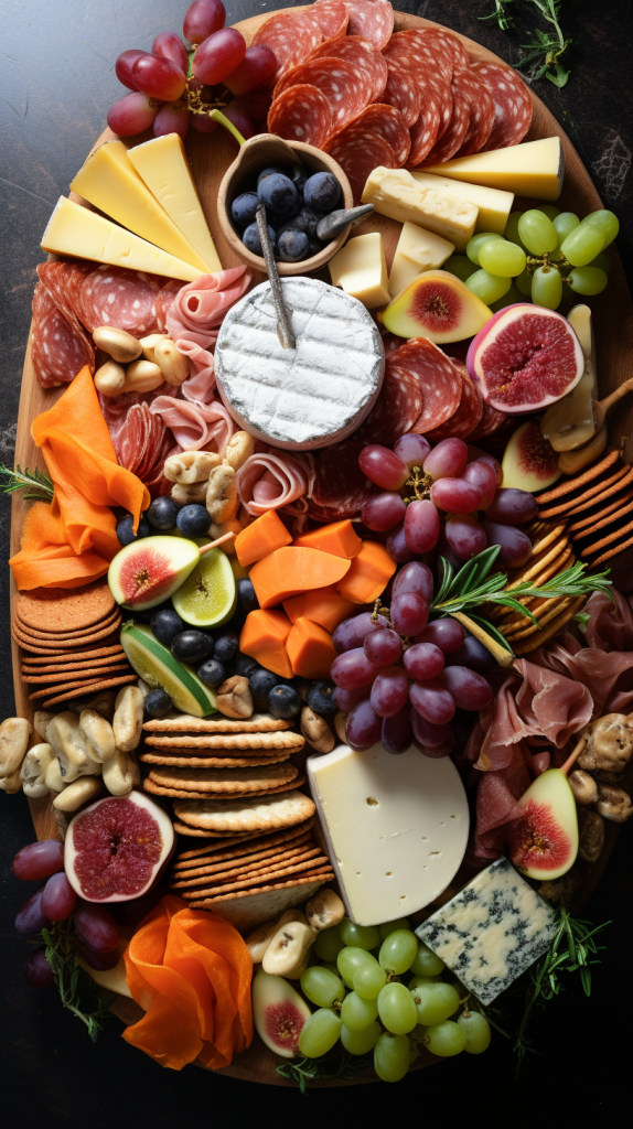 elaborate charcuterie board with varies cured meats, cheese and grapes 