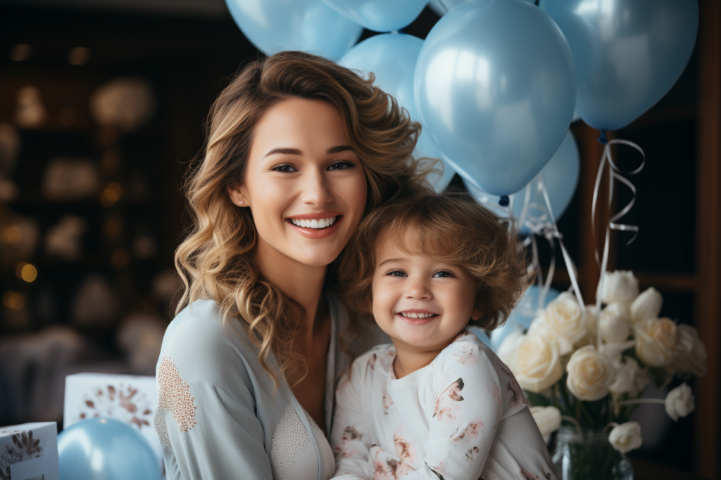 baby girl happy 2nd birthday princess quotes mom, daughter and blue balloons smiling