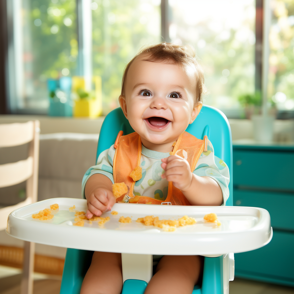 baby eating on their own on a feeding chair with pincer grasp