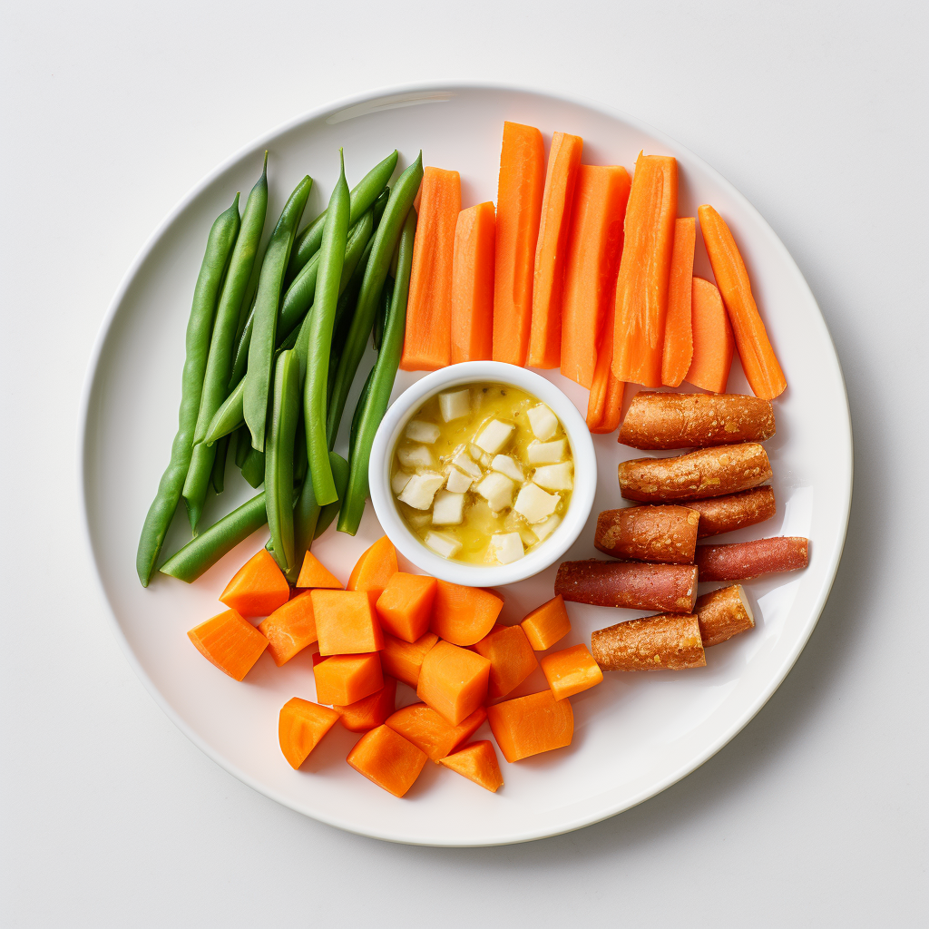 blw snack - vegetables snacks green beans, carrots sticks and sweet potatoes